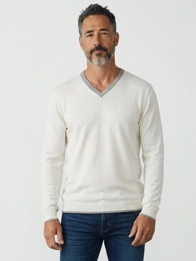 Zara Men's White V-Neck Sweater with Gray Trim Size L